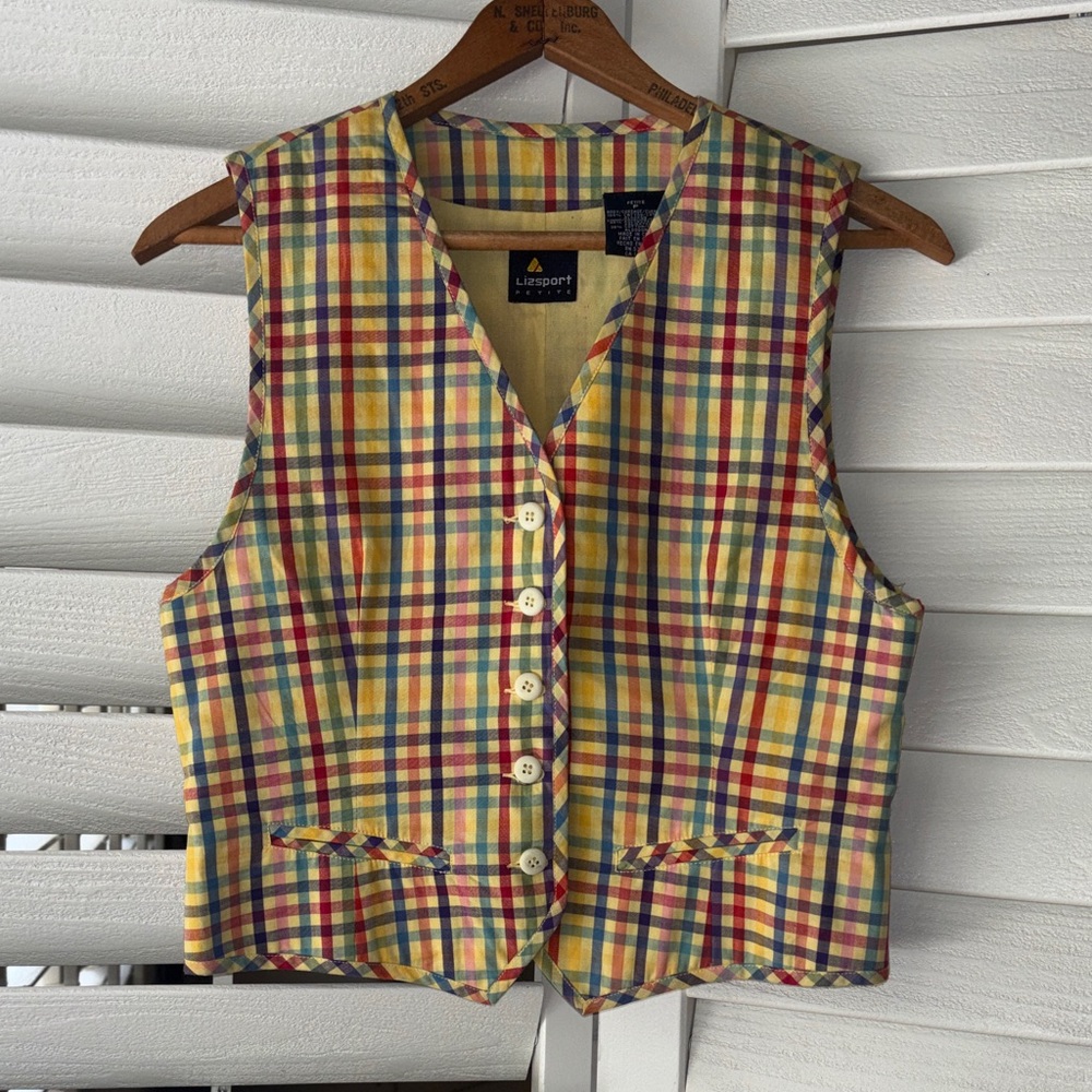 Vintage Liz Sport Yellow/Multi Colored Plaid Button Front Vest 1980’s